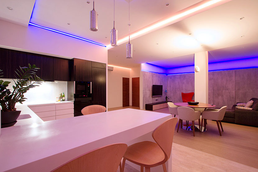 RGB灯光独特设计 跟随你的情绪转变 120平米装修,简约风格,灯光,蓝色,浪漫,餐桌