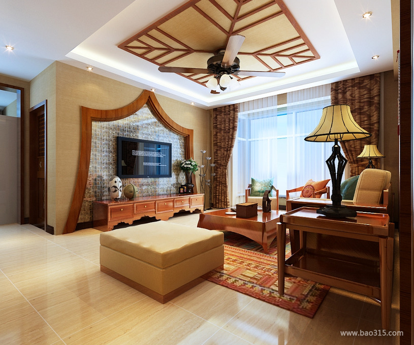 东南亚风格客厅吊顶装修效果图-东南亚风格电视柜图片