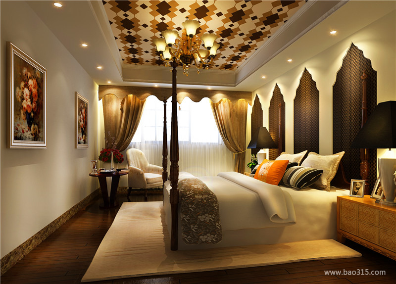东南亚风格卧室背景墙装修效果图-东南亚风格双人床图片