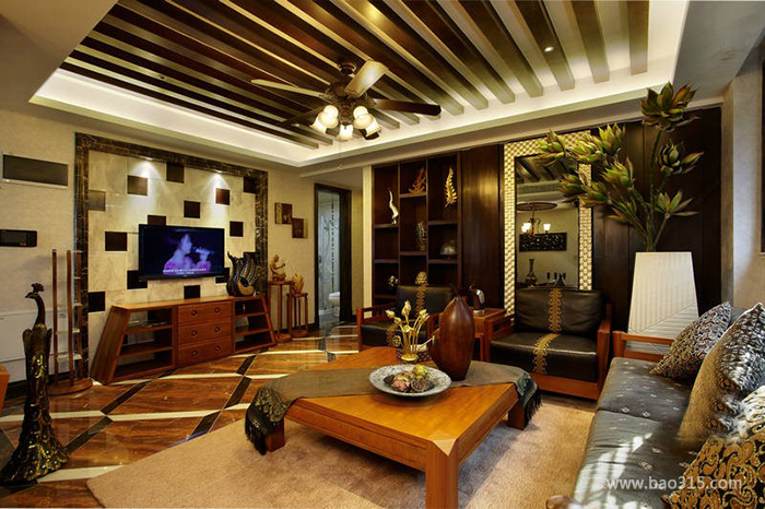 123㎡三居室东南亚风格客厅电视背景墙装修图片-东南亚风格茶几图片