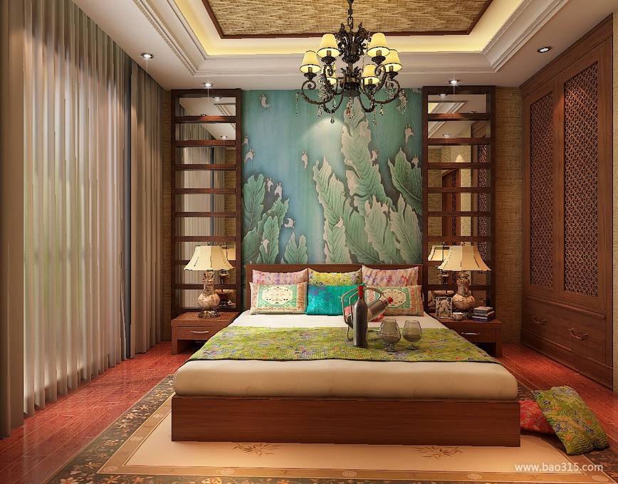 东南亚风格卧室床头背景墙装修效果图-东南亚风格双人床图片