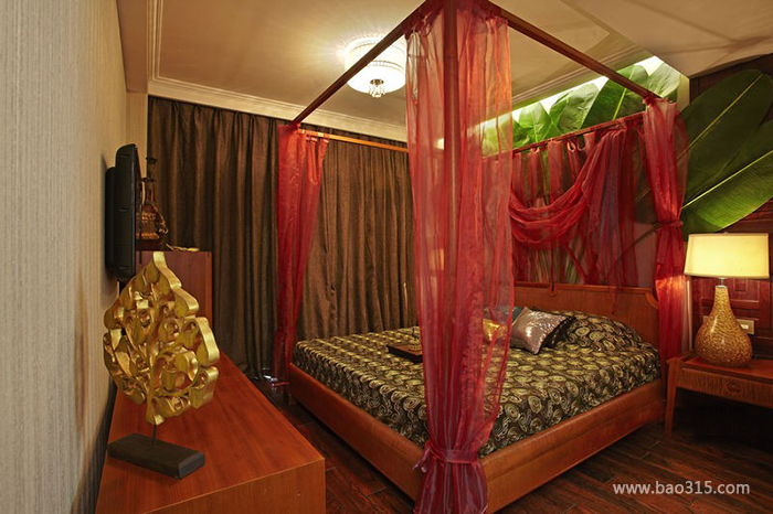 123㎡三居室东南亚风格卧室背景墙装修图片-东南亚风格床图片