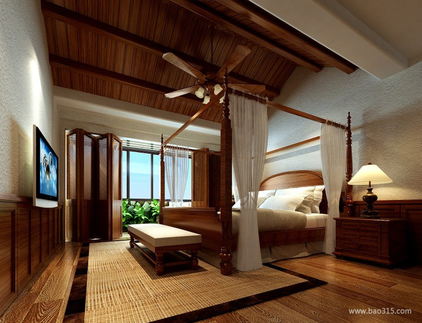 108㎡三居室东南亚风格卧室吊顶装修效果图-东南亚风格床尾凳图片