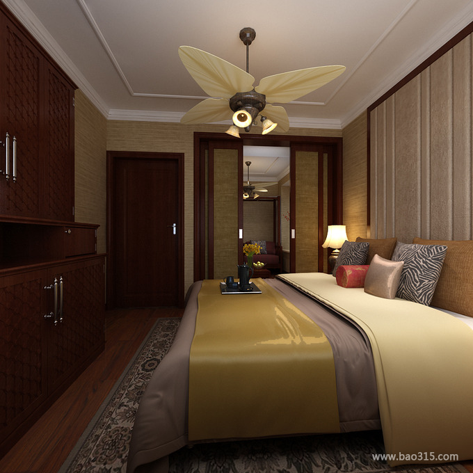 120平三居室东南亚风格卧室床头背景墙装修效果图