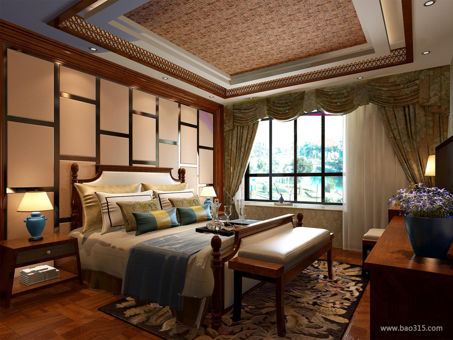 168㎡三居室东南亚风格卧室背景墙吊顶装修效果图-东南亚风格床尾凳图片
