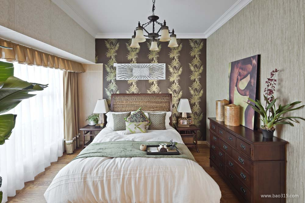 160m²三居室东南亚风格卧室床头背景墙装修图片-东南亚风格吊灯图片