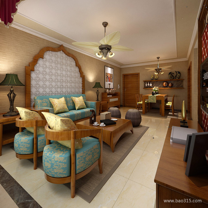 123㎡三居室东南亚风格客厅沙发背景墙装修效果图-东南亚风格沙发图片