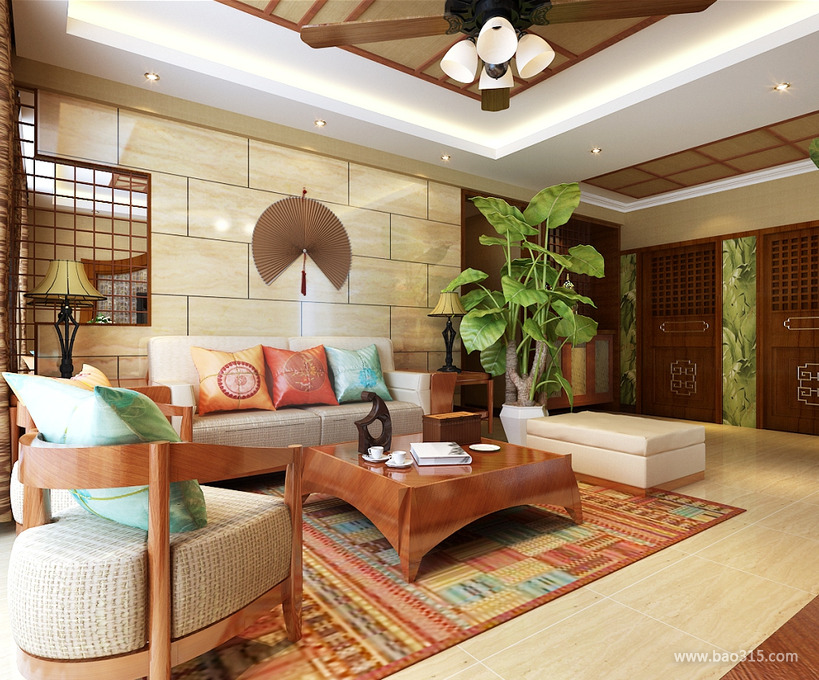 东南亚风格客厅沙发背景墙装修效果图