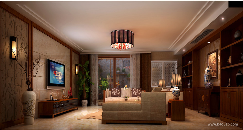 310㎡别墅新中式风格客厅电视墙装修效果图-新中式风格电视柜图片