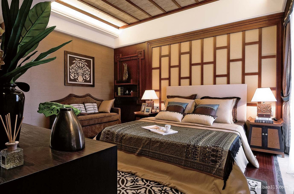 东南亚风格卧室床头背景墙装修图片-东南亚风格床头柜图片