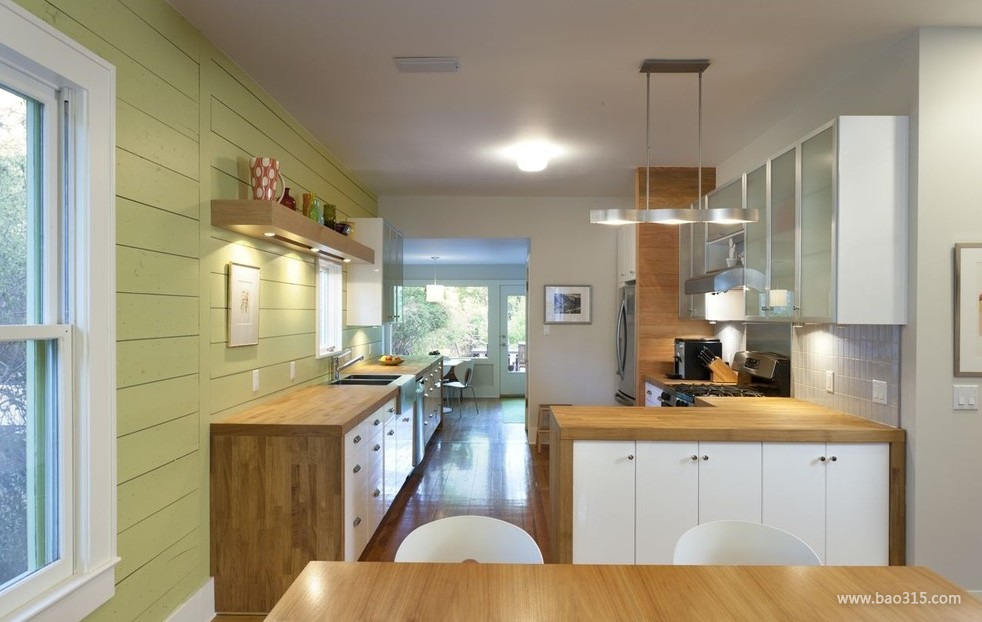 90㎡楼房现代风格开放式厨房隔断装修效果图-现代风格实木橱柜图片