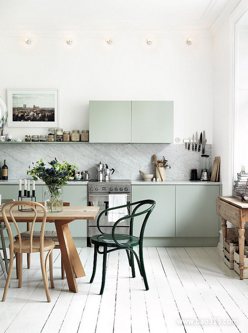 北欧风格二居室开放式清新厨房绿色橱柜装修效果图
