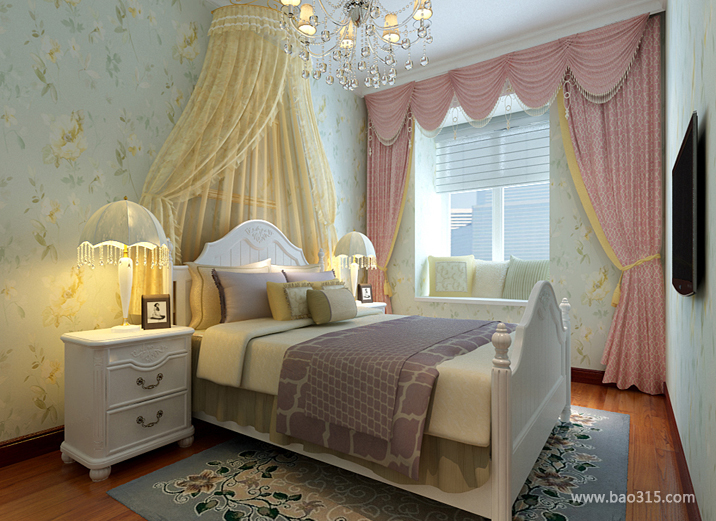 两室一厅简欧风格公主风卧室窗帘效果图