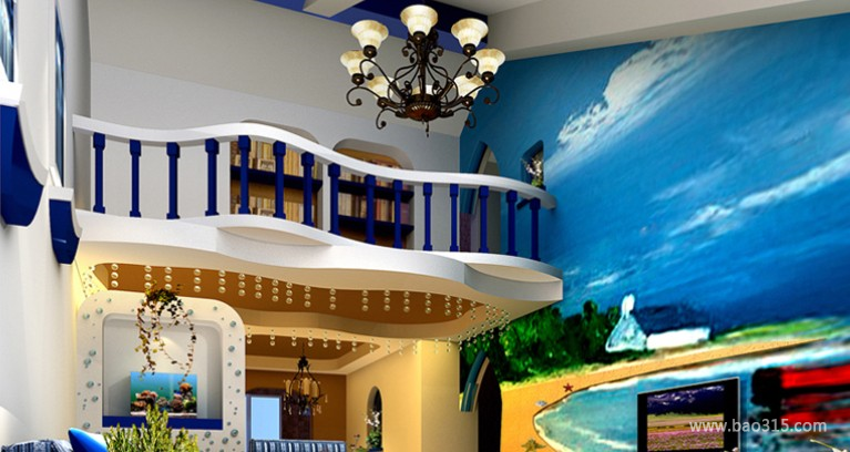 100平复式地中海风格客厅背景墙装修效果图