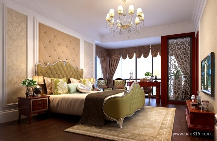 100㎡二居室欧式风格卧室背景墙装修效果图-欧式风格床吊灯图片