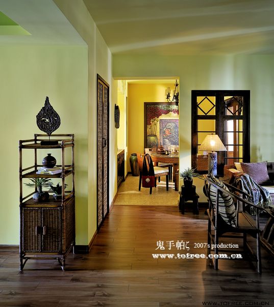 东南亚风格别墅40平米客厅别墅实木置物架软装效果图