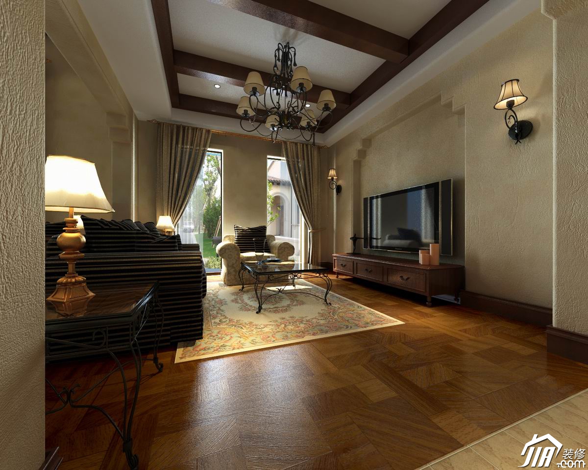 法式风格别墅20平客厅实木吊顶装修效果图
