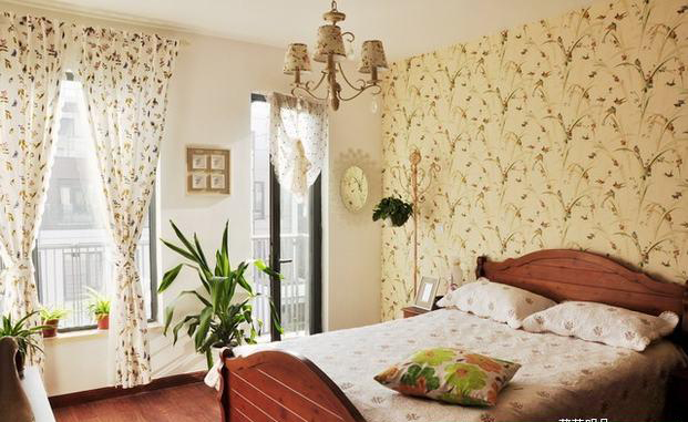 法式风格三室两厅20平米卧室背景墙壁纸软装效果图