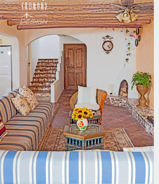 地中海风格复式楼客厅实木装修效果图