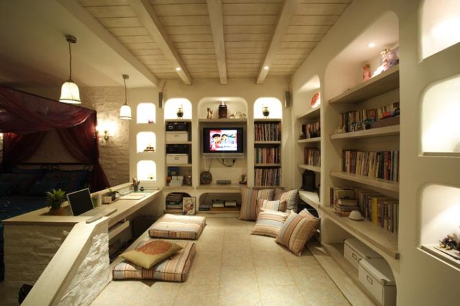意大利风格三室两厅书房整体书柜到顶装潢效果图