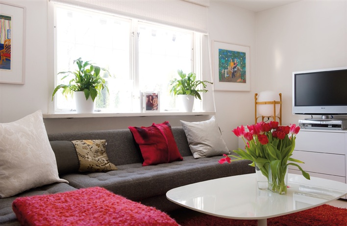 素色的百搭沙发和茶几和红花绿叶的搭配中展现了高雅格调。
