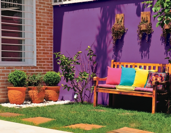 阳光房中，光线照耀在紫色的墙面上。绿葱葱的植物中放着一把木作沙发，惬意感。