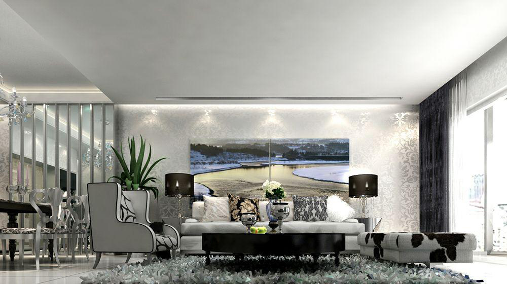 银色的牛皮材质沙发配搭黑色的茶几，沙发背景以一幅分开的壁画作为装饰。