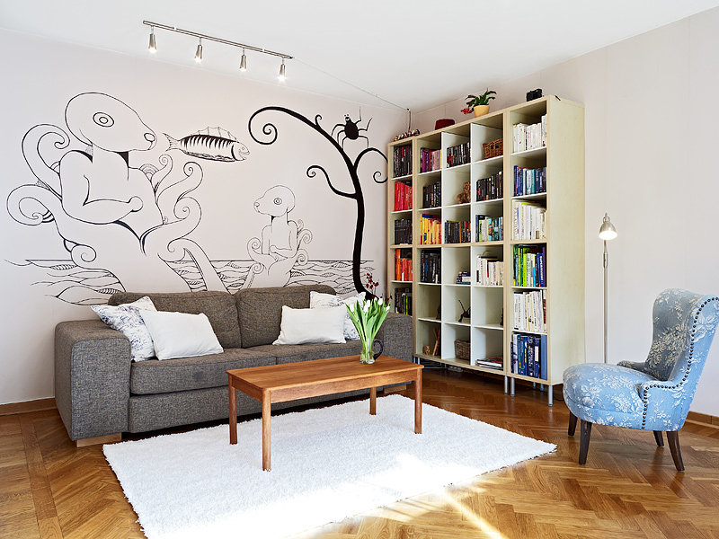 手绘艺术 10款客厅沙发手绘背景墙 沙发背景墙,手绘墙,公寓装修,沙发,书架