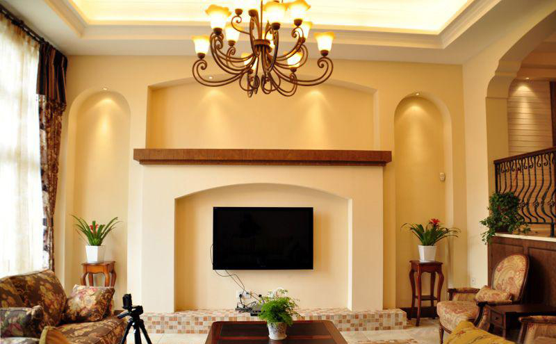 低调奢华美式 自然舒适别墅 美式风格,复式装修,富裕型装修,电视背景墙