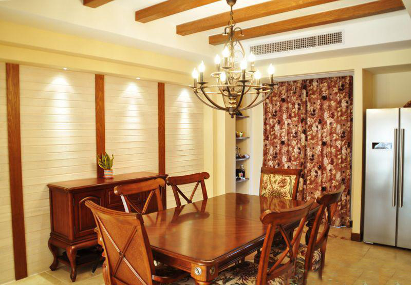 低调奢华美式 自然舒适别墅 美式风格,复式装修,富裕型装修,餐桌,橱柜,餐厅