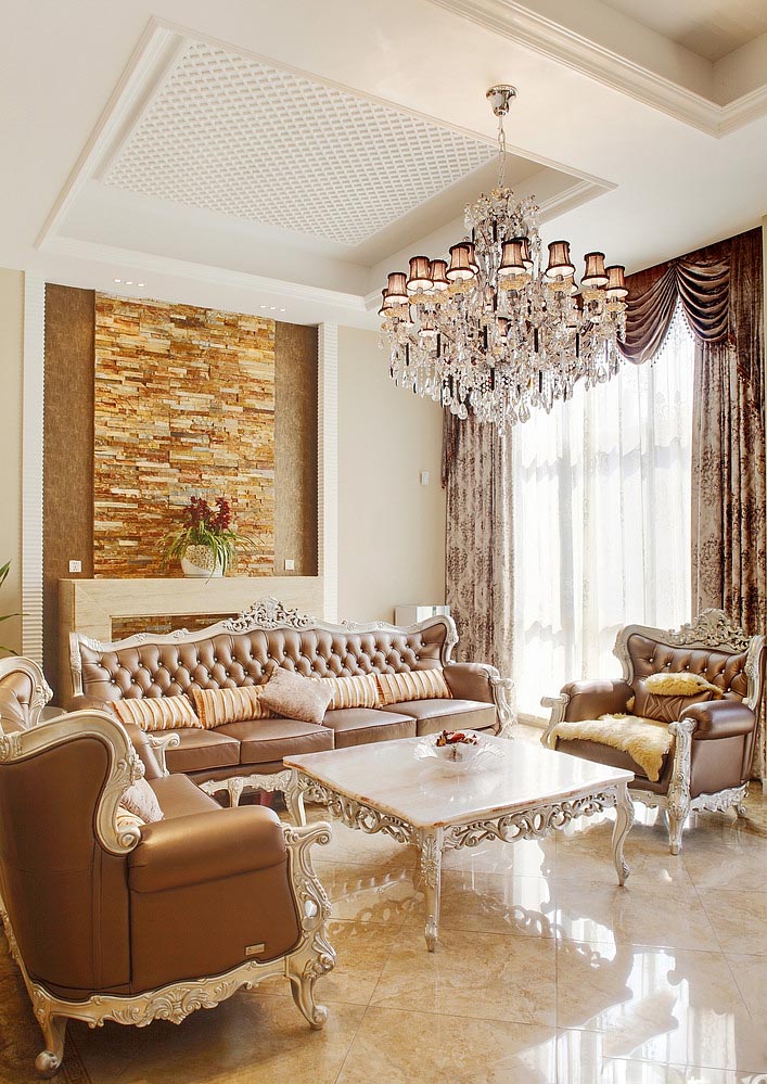 欧式豪华风格别墅50平米客厅水晶吊灯软装效果图