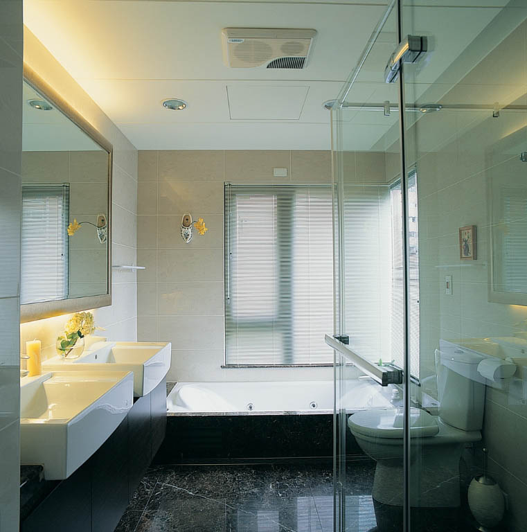 延续整体利落大器的卫浴空间，以大理石材质搭配简约浴具、降版浴缸及银箔明镜框饰等，涤净一整天的疲惫烦扰。