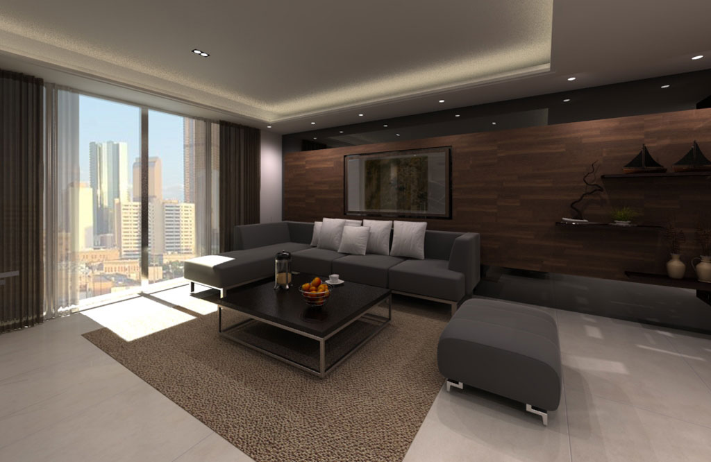 在简洁现代风格的客厅中，沙发主墙上将蚕丝编织毯表框作為壁饰使用，融入中式语汇。
