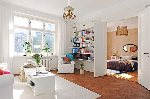 壁纸控的家 色彩点缀白色两居 二居室装修,经济型装修,宜家风格,客厅,书架
