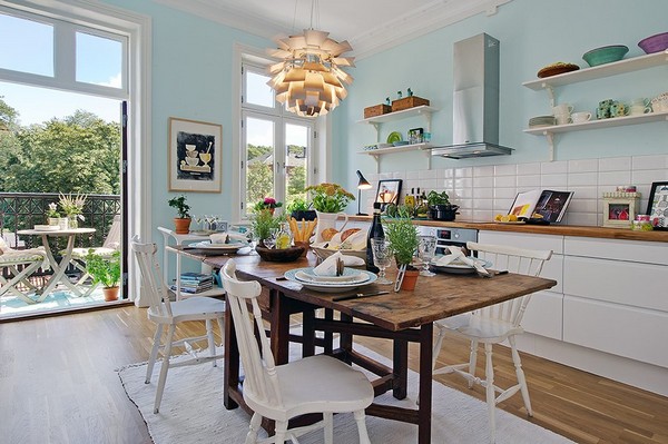蓝白清新厨房 传统现代元素混搭风 四房装修,经济型装修,宜家风格,厨房,餐厅,背景墙,蓝色,橱柜,餐桌,灯具