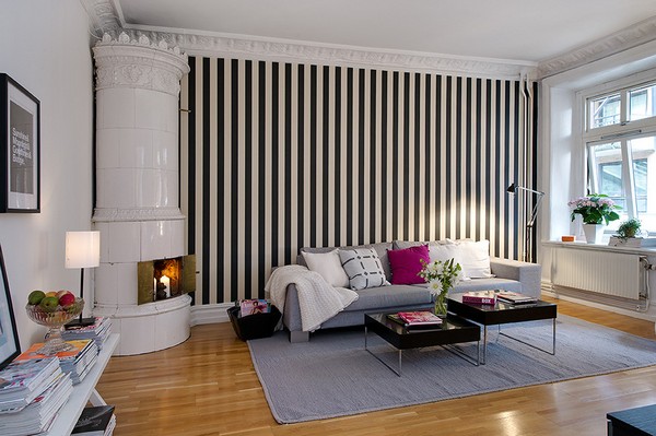 黑白条纹背景墙 舒适一居室 公寓装修,90平米装修,经济型装修,简约风格,一居室装修,海外家居,客厅,沙发,茶几,沙发背景墙,壁炉