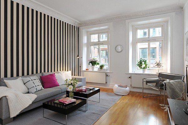 黑白条纹背景墙 舒适一居室 公寓装修,90平米装修,经济型装修,简约风格,一居室装修,海外家居,客厅,沙发,茶几,沙发背景墙