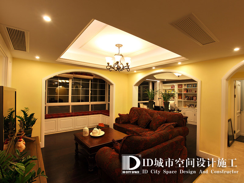 美式古典风格别墅40平米客厅紫红色布艺沙发软装效果图