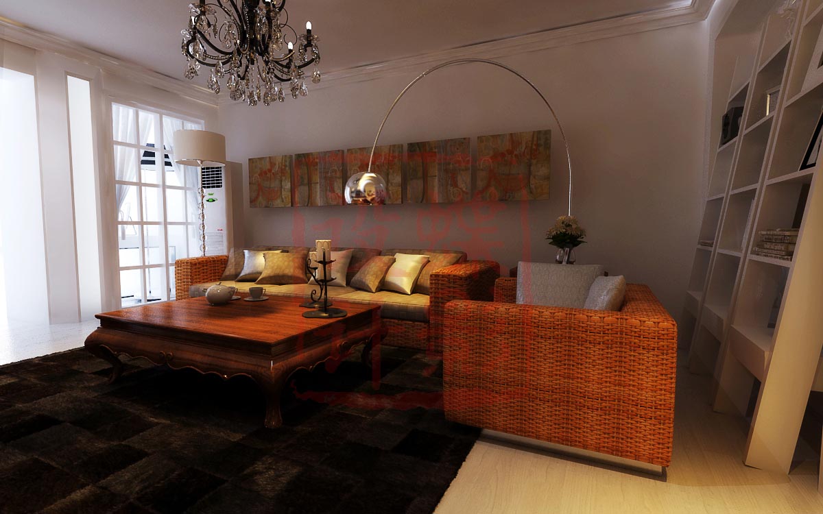 藤编制成的沙发在平淡的现代风格中加入美式韵味，使整套设计流露出丰厚的文化品味和生活底蕴。 