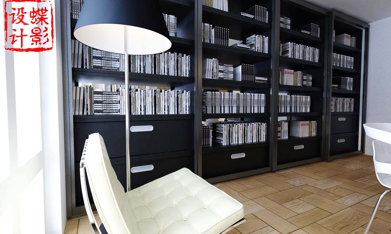 书房的设计延续客厅的风格，黑色整体书柜简洁，时尚！