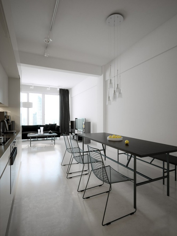 开放式的设计，黑色简约的餐桌椅和白色吊灯和橱柜，形成鲜明的黑白配。