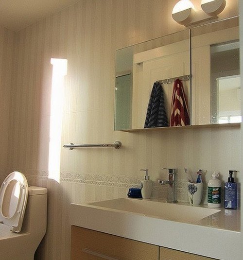 洗手间内光线充沛，很干爽。镜子式的壁柜有很强的收纳功能，四方平面的洗手池也很适宜摆放。