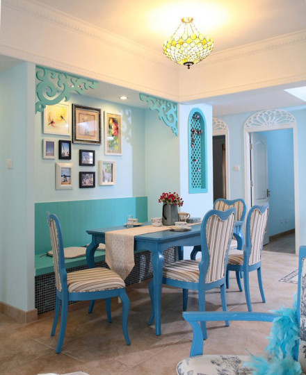 地中海风格特辑 18组精选地中海餐厅效果图 地中海风格,蓝色装修,浪漫,餐厅,照片墙,蓝色,白色,餐桌
