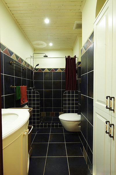 卫生间的墙面设计很精致，用了宝蓝色的复古砖，怕用这么深色颜色很压抑。但设计师建议半高铺贴，然后用白色和蓝色做对比，出来的效果非常好。