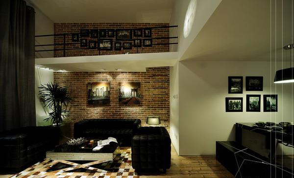 复古工业风格50平公寓客厅黑色沙发软装效果图