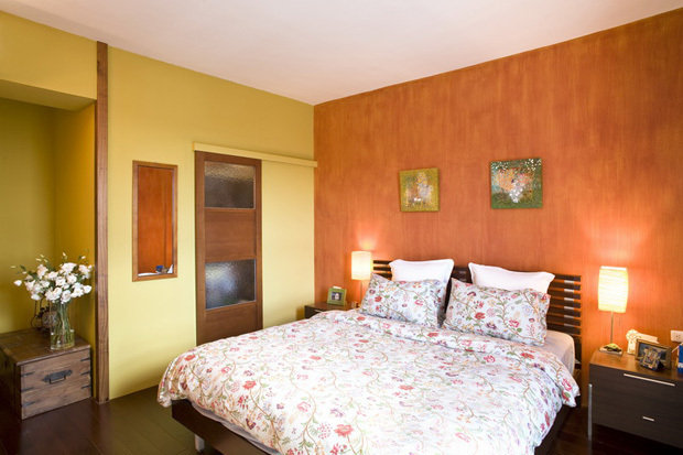 明媚红绿黄 浓郁美式乡村情调 二居室装修,富裕型装修,美式乡村风格,卧室,卧室背景墙,床