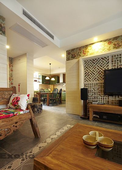 三室一厅东南亚风格客厅电视背景墙效果图