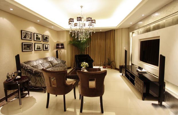 新古典风格一居室 尊贵气质生活 一居室装修,110平米装修,富裕型装修,新古典风格,客厅,沙发,电视柜,吊顶,灯具