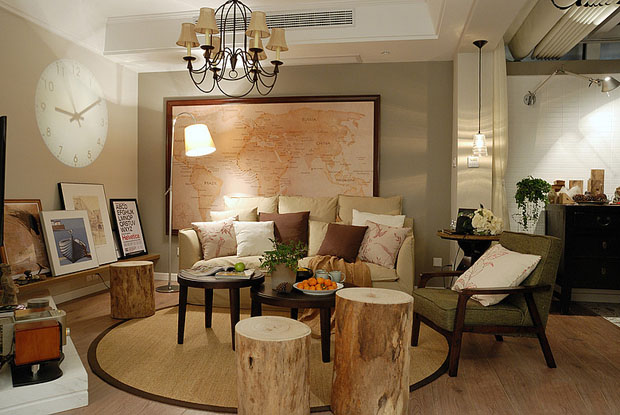木作古朴家 混搭一居室 一居室装修,90平米装修,富裕型装修,混搭风格,客厅,沙发,茶几,沙发背景墙,灯具