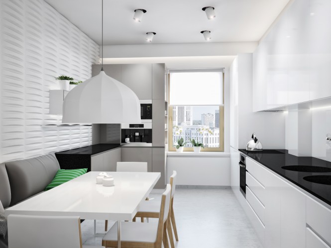 乌克兰风情 300平简约现代公寓 公寓装修,140平米以上装修,简约风格,厨房,餐厅,餐桌,洗手台,橱柜,灯具,简洁